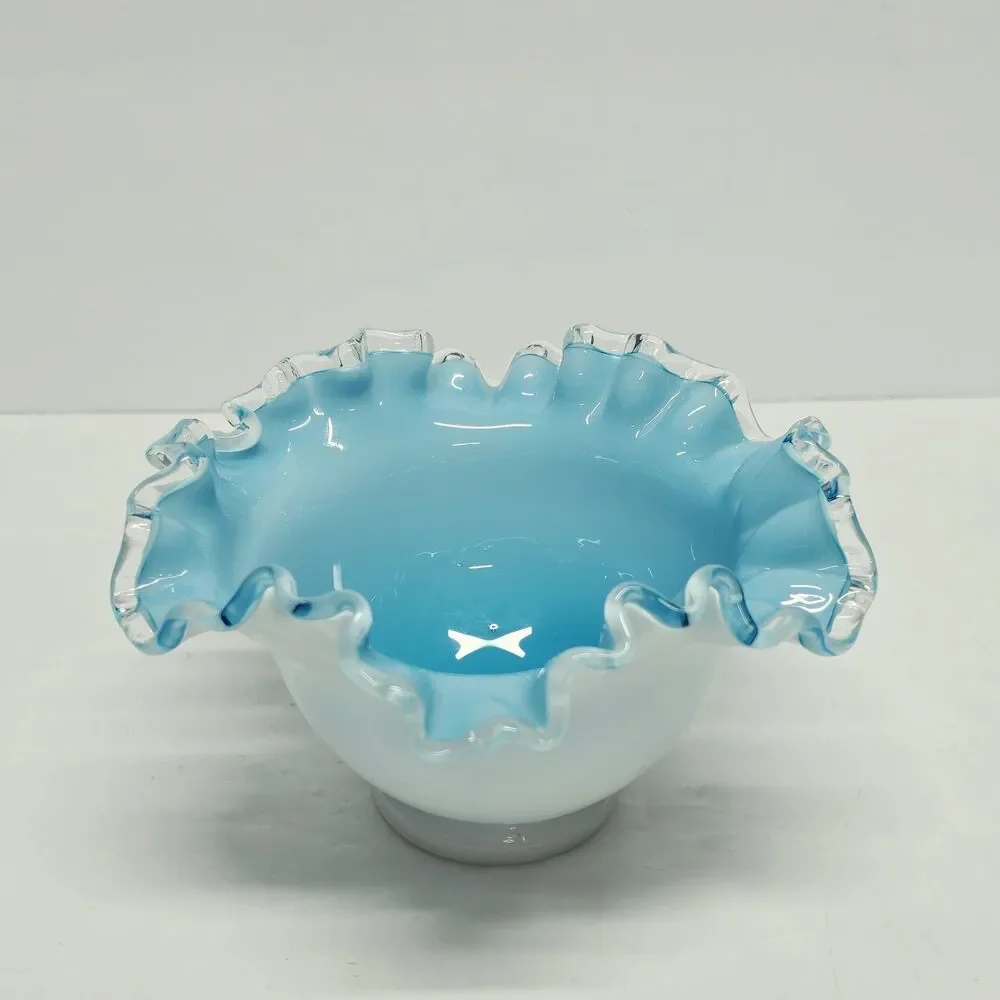 Fenton Teal White Bowl Silver Jamestown Blue Glass Vintage Ruffle Edge MCM